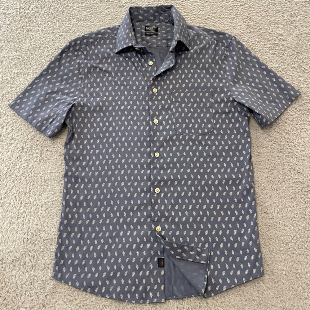 Faherty Reverse Movement Shirt Mens XS Blue Leaf Print Button Up Stretch MWS2507